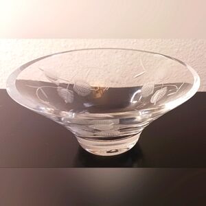 Vintage Al Arnits Signed Swedish  Crystal Etched Glass Bowl Flowers Butterflies